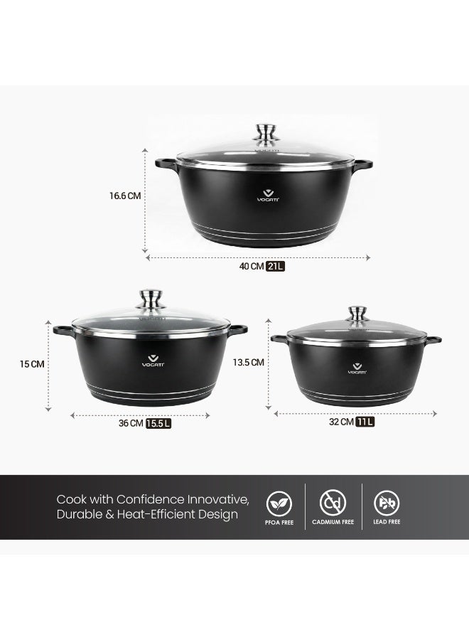 فوجاتي VOGATI 6Pcs Black Titanium Granite Cookware Set with Lids – 32cm, 36cm, 40cm Large Casserole Pots, 100% PFOA Free, Large Non-Stick Pots, Cooking Pot Set for Kitchen & Non Stick Sets for Cooking - Image 2