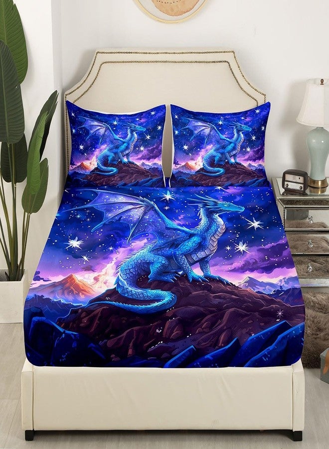 Homewish Dragon Fitted Sheet Twin Size,Starry Sky Mountains Bedding Set for Kids Girls Boys Room Decor,Blue Purple Western Magical Bed Sheet 2Pcs,Wild Animal Trippy Sheet Set,1 Pillowcase - Image 3