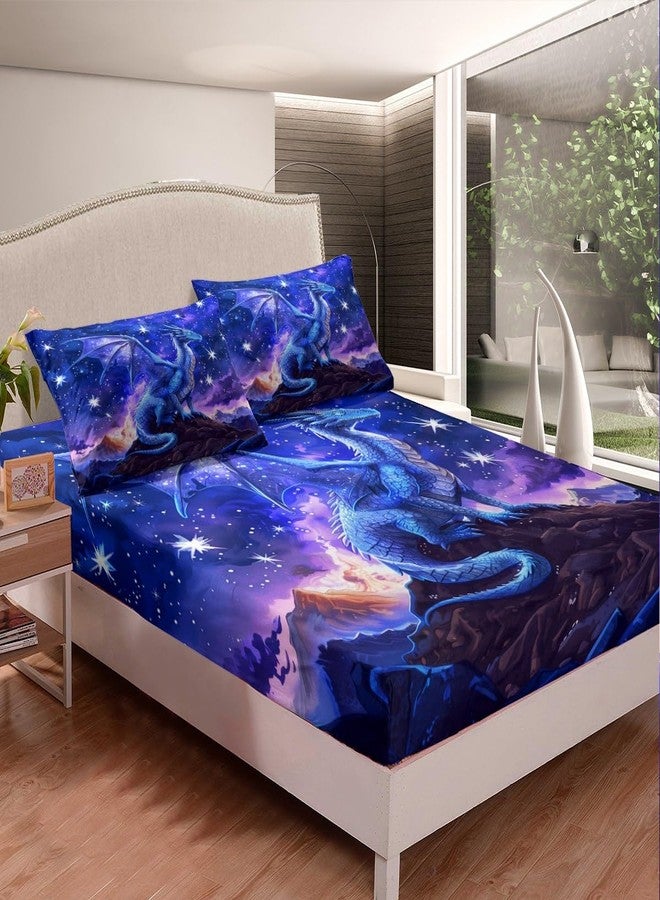 Homewish Dragon Fitted Sheet Twin Size,Starry Sky Mountains Bedding Set for Kids Girls Boys Room Decor,Blue Purple Western Magical Bed Sheet 2Pcs,Wild Animal Trippy Sheet Set,1 Pillowcase - Image 2