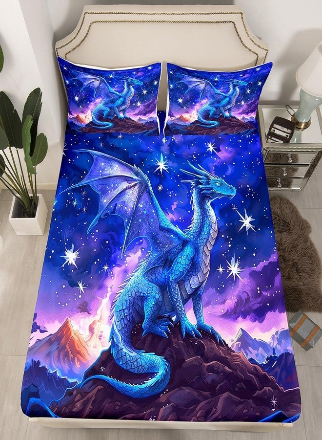 Homewish Dragon Fitted Sheet Twin Size,Starry Sky Mountains Bedding Set for Kids Girls Boys Room Decor,Blue Purple Western Magical Bed Sheet 2Pcs,Wild Animal Trippy Sheet Set,1 Pillowcase - Image 1
