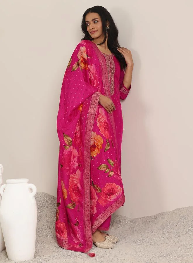 لباس Pink Printed Silk Blend Straight Kurta, Trousers and Dupatta Set