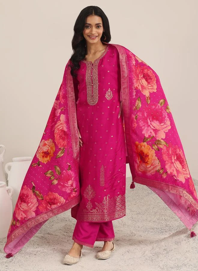 لباس Pink Printed Silk Blend Straight Kurta, Trousers and Dupatta Set