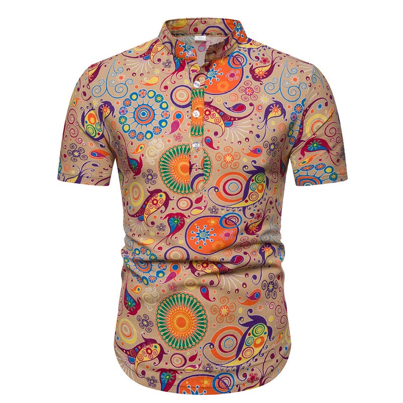 2019 Men's Cotton and Linen Vertical Collar Short-sleeved T-shirt Men's Floral Half-sleeved T-shirt for Men - Image 1