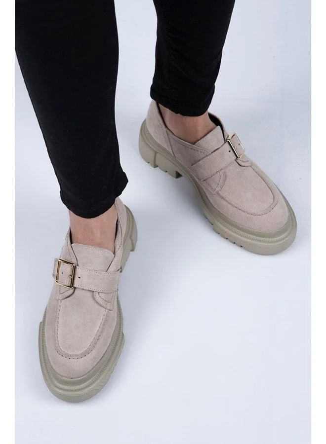 Gloria Women's Genuine Leather Loafer with Belt Buckle Beige Suede Shoes.