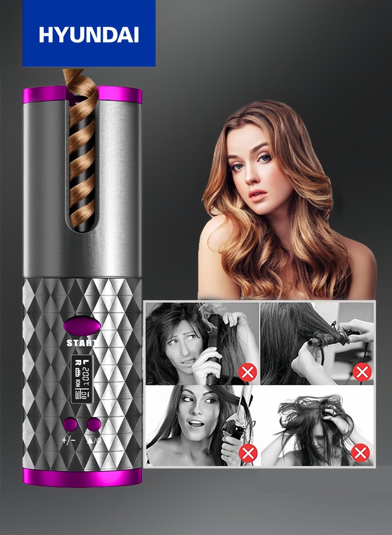 HYUNDAI مكواة شعر لاسلكية صغيرة للسفر، مكواة تجعيد أوتوماتيكية محمولة، مدمجة وبدون سلك مع بطارية 3000 مللي أمبير، آمنة ضد الحروق للمبتدئين، تخلق أمواج شاطئية طويلة الأمد وتجعيدات ضيقة، أداة تصفيف قابلة للشحن عبر USB C للسفر - Image 1