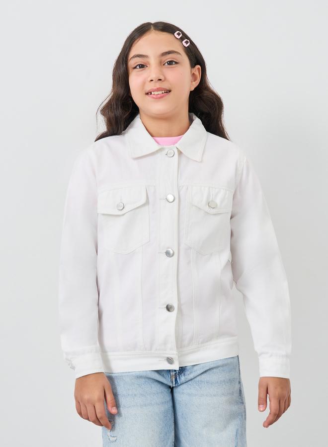Styli White Cotton Denim Jacket with Flap Pocker - Image 3