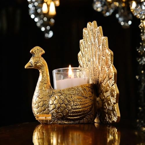 KridayKraft Metal Dancing Peacock Candle Holder Vastu Figurine for Good Luck and Love,Candle Holder for Home Decor Tabletop Living Room Office,Showpiece Statue for Gifting, 4.6 x 17 Centimeters, Gold - Image 1