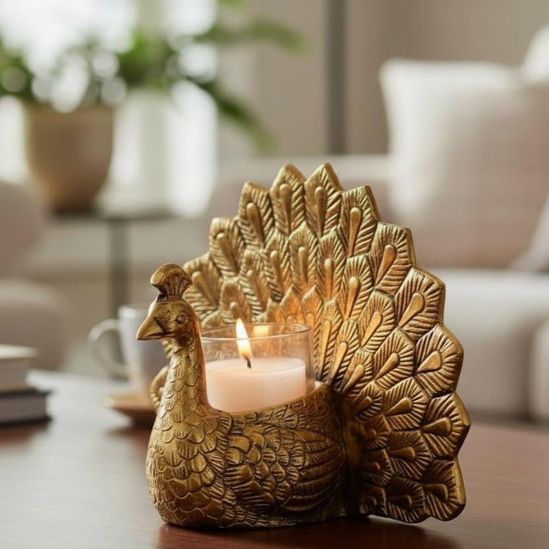 KridayKraft Metal Dancing Peacock Candle Holder Vastu Figurine for Good Luck and Love,Candle Holder for Home Decor Tabletop Living Room Office,Showpiece Statue for Gifting, 4.6 x 17 Centimeters, Gold - Image 2