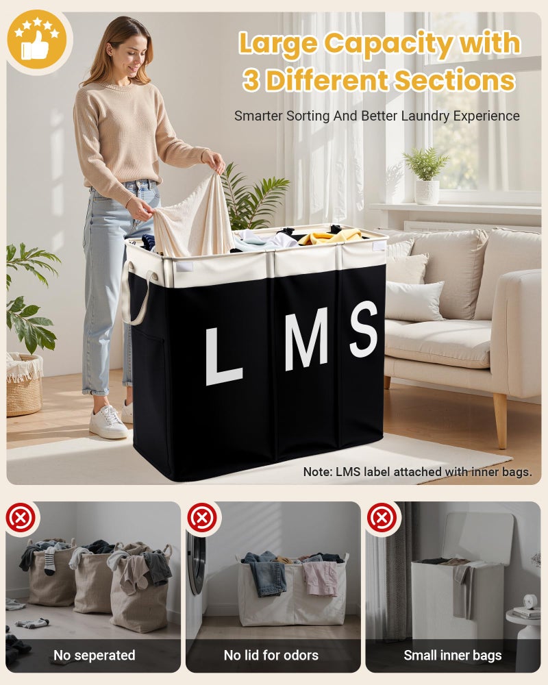 Furicher 190L Laundry Hamper with Lid, Large Laundry Basket with Lid and 3 Section, Sturdy Laundry Baskets with 3 Removable Bags (L M S), Dirty Clothes Hamper Organizer for Laundry Room, Bedroom and Dorm Room - Image 3