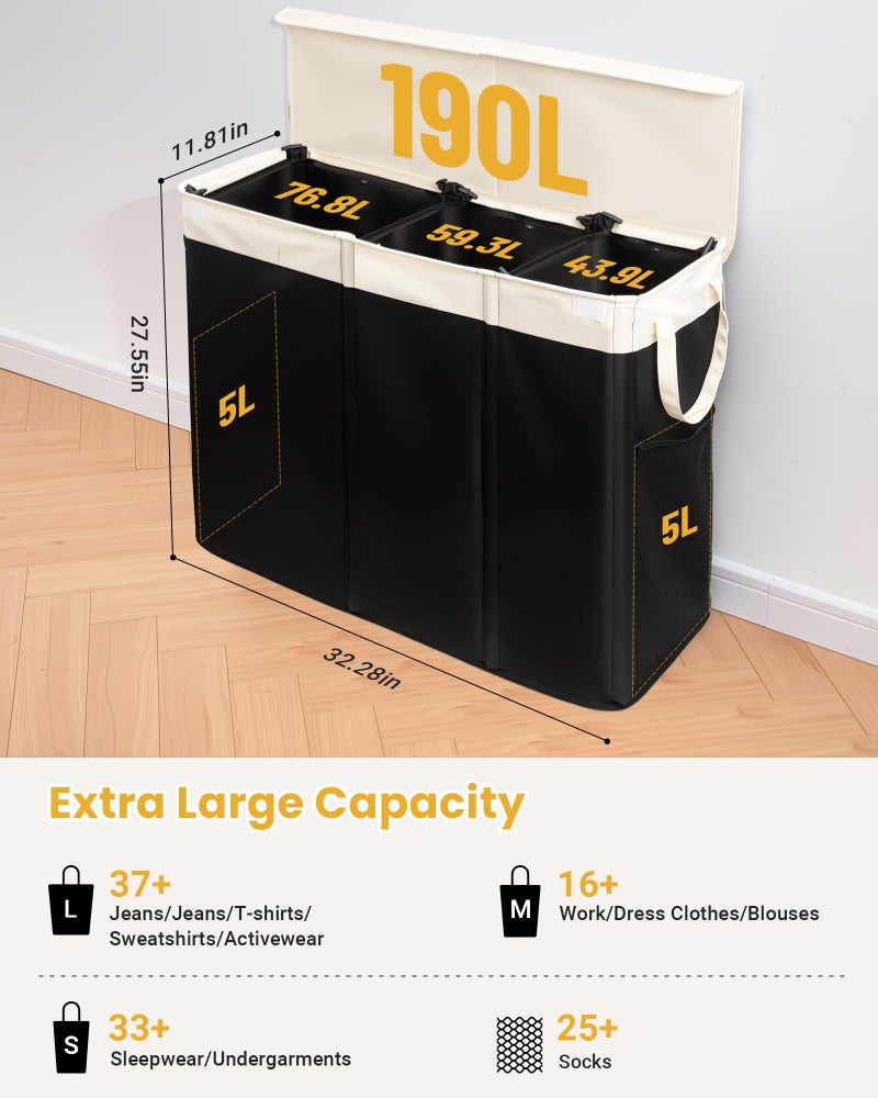 Furicher 190L Laundry Hamper with Lid, Large Laundry Basket with Lid and 3 Section, Sturdy Laundry Baskets with 3 Removable Bags (L M S), Dirty Clothes Hamper Organizer for Laundry Room, Bedroom and Dorm Room - Image 5