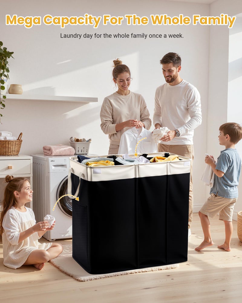 Furicher 190L Laundry Hamper with Lid, Large Laundry Basket with Lid and 3 Section, Sturdy Laundry Baskets with 3 Removable Bags (L M S), Dirty Clothes Hamper Organizer for Laundry Room, Bedroom and Dorm Room - Image 4