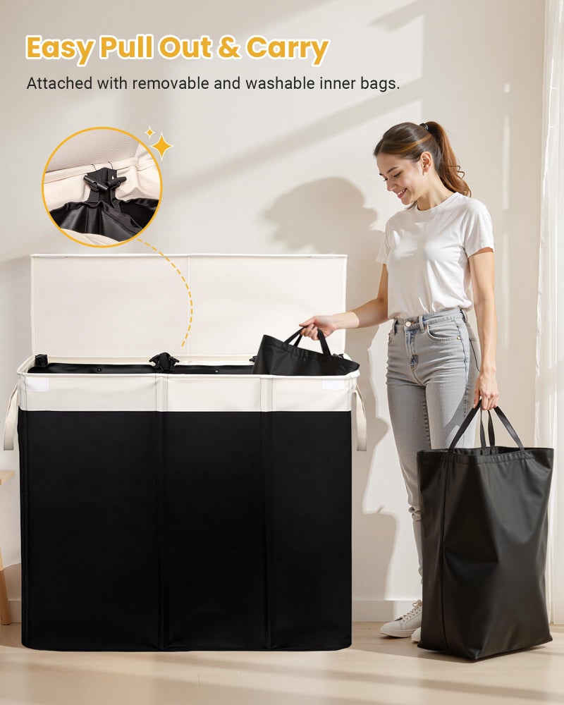 Furicher 190L Laundry Hamper with Lid, Large Laundry Basket with Lid and 3 Section, Sturdy Laundry Baskets with 3 Removable Bags (L M S), Dirty Clothes Hamper Organizer for Laundry Room, Bedroom and Dorm Room - Image 2