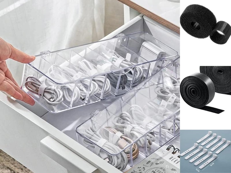 Blue Ocean Transparent Data Cable Organizer Storage Box With Cover Lid Charger Cables Organiser Desk Storage Organizer Cable Management 2m Hook and Loop Tape roll straps ,10 silicon Cable Ties - Image 1