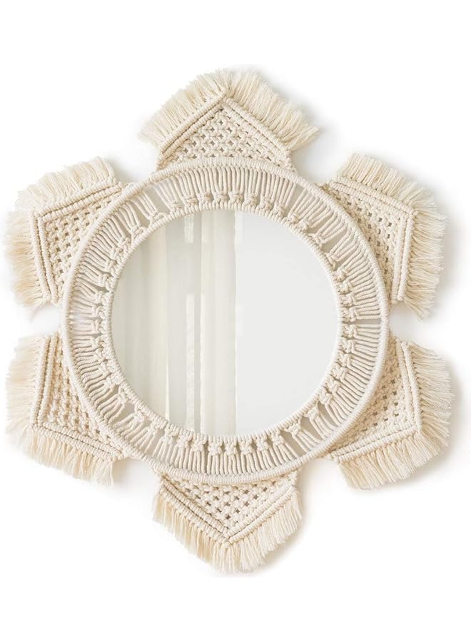 erorex Wall Mirror Decor Round Macrame Hanging Wall Art Decoration For Bedroom Nursery Living Room Apartment Office Entryways Home Teen Girl Mothers Gift Ivory - Image 1