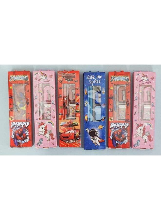 Tera13 Return Gifts For Kids Stationery Set (6 Pcs) Cartoon Theme Stationary Kit Set, School Stationary Items Black Pencil Eraser Sharpener For Kids Girls & Boys Kanjak Gifts - Image 1