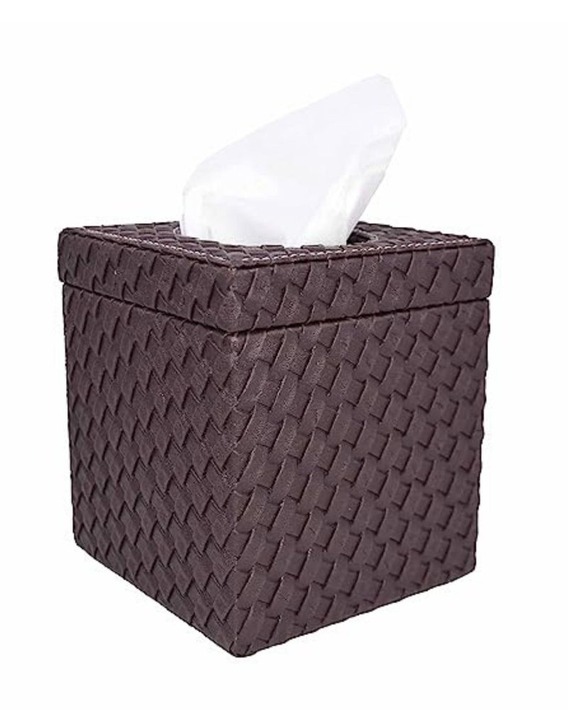 Premsons® Tissue Paper Box Vegan Leather Woven Design for Dining Room Kitchen Bedroom Car and Home Decor - Square - Brown - Image 2