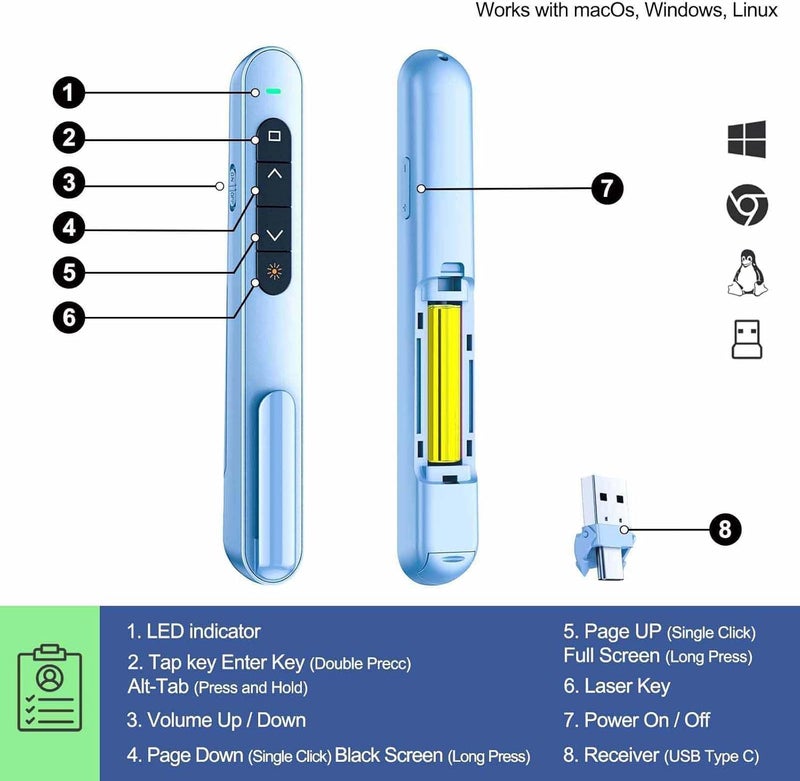 rts USB/Type-C 2 in 1 Laser Pointer |Wireless Presenter for Presentation | Slide Changer, USB Power Point Remote Control Pen | for Google Slides/Keynote/PPT/Mac/PC/Computer/Laptop/Projector (Blue) - Image 4