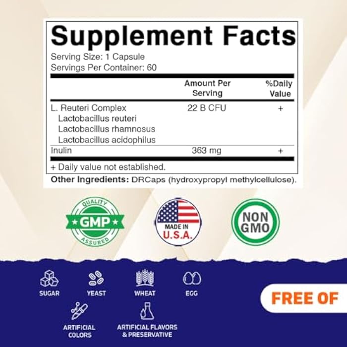 Vitamatic Lactobacillus Reuteri Complex – 22 Billion CFU per Delayed Release Capsule – 60 Capsules – Digestive & Gut Health Support – with Prebiotic Inulin Fiber - Image 2