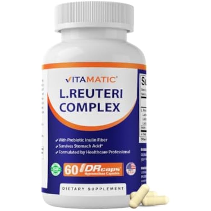 Vitamatic Lactobacillus Reuteri Complex – 22 Billion CFU per Delayed Release Capsule – 60 Capsules – Digestive & Gut Health Support – with Prebiotic Inulin Fiber - Image 1