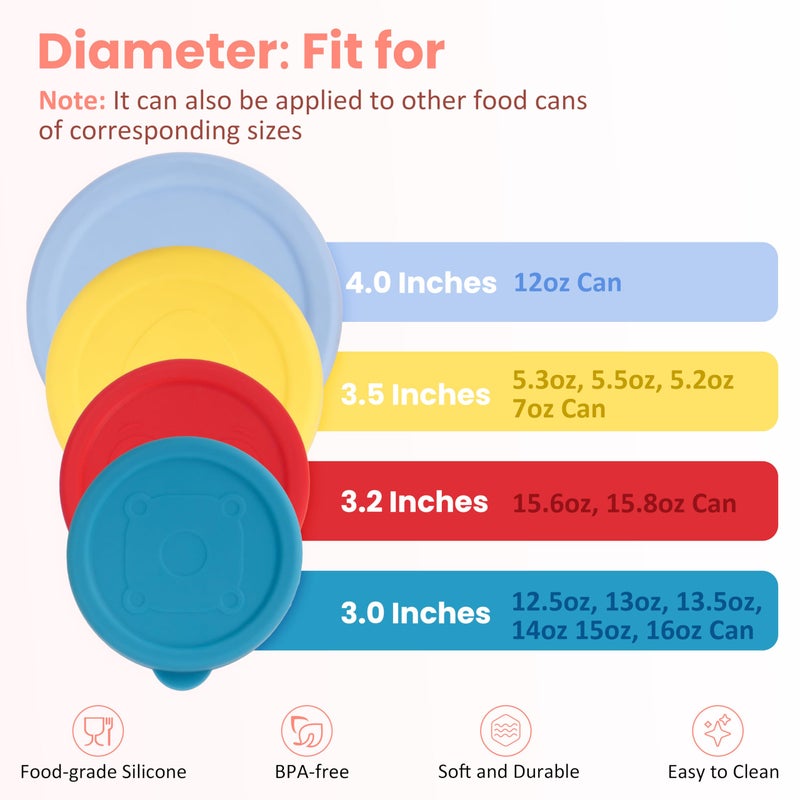 Purekra 4 Packs Silicone Can Lids for Canned Goods, 3.0''|3.2''|3.5''|4.0-inches Fit for 5oz, 5.5oz, 12oz, 12.5oz, 15.6oz 16oz etc. | Food Sealing Lids | Can Covers Toppers | Different Sizes - Image 2