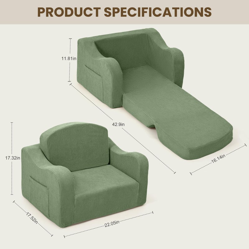Airpanda Comfy Toddler Chair for Kids, 2-in-1 Toddler Soft Plush Couch Fold Out, Convertible Kids Couch to Lounger, Baby Sofa for Boys and Girls, Green - Image 3