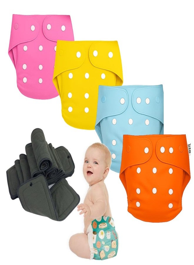 Reusable Cloth Diapers for Babies | Washable & Eco-Friendly Baby Nappies | Adjustable Leak-Proof Cloth Diaper Set with Soft Inserts (4, Pink,Yellow,Blue&Orange, Free Size)