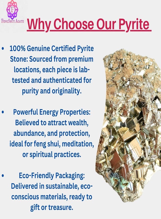 FENGSHUI AGATE حجر العقيق الطبيعي من البيريت، حجر كريستالي للثروة والازدهار والشفاء - معدن الذهب الأحمق الخام للريكي، والفستو، وديكور المنزل، وتنظيف الطاقة (متوفر بأحجام من 40 غرام إلى 1 كيلوغرام) (50 غرام) - Image 3