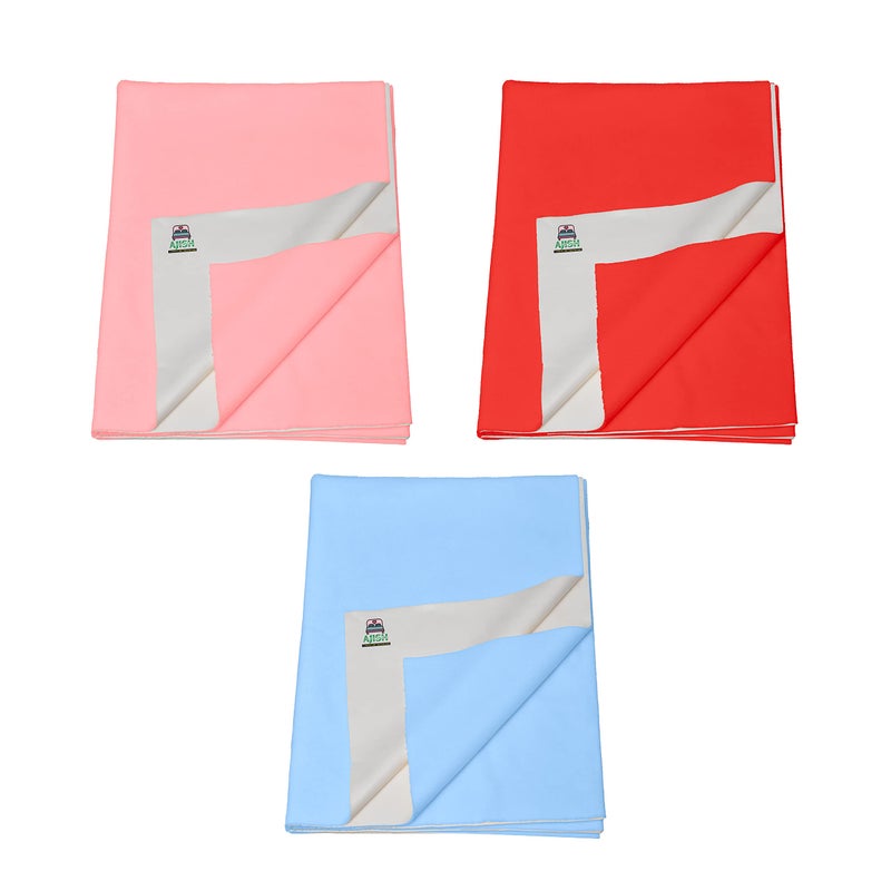 AJISH Pack of 3, Baby Bed Protector Reusable - Soft Cotton 100% Waterproof High Absorbent Faster Dry Sheet - Best for New Born Babies & Toddler Children (Large - 100X140CM) (Pink,Red,Sky Blue) - Image 1