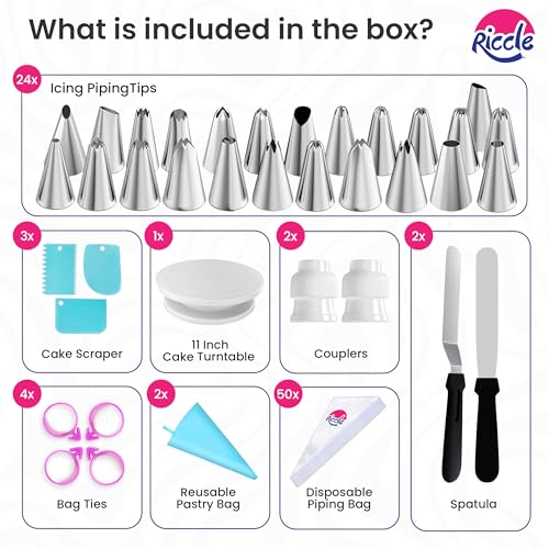 Riccle 88 pcs Cake Decorating Kit with Cake Turntable - Includes 50 Disposable + 2 Reusable Piping Bags and Tips Set, 24 Icing Piping Tips, 2 Spatulas, 3 Icing Comb Scraper, Baking Supplies - Image 3