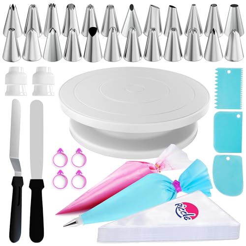 Riccle 88 pcs Cake Decorating Kit with Cake Turntable - Includes 50 Disposable + 2 Reusable Piping Bags and Tips Set, 24 Icing Piping Tips, 2 Spatulas, 3 Icing Comb Scraper, Baking Supplies - Image 1