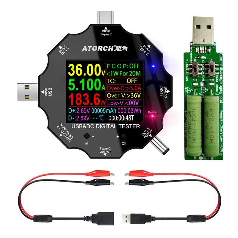 USB C Tester 3 in 1 Type C DC55 USB Meter USB Load Color Screen IPS Digital MultimeterVoltageCurrentPowerResistanceCapacity Detectorwith Clip Cable Support PD20PD30QC20QC30