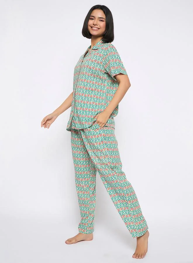 Clovia Clovia All-Over Print Button Down Shirt and Pyjama Set