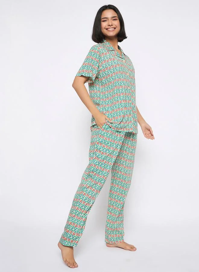 Clovia Clovia All-Over Print Button Down Shirt and Pyjama Set