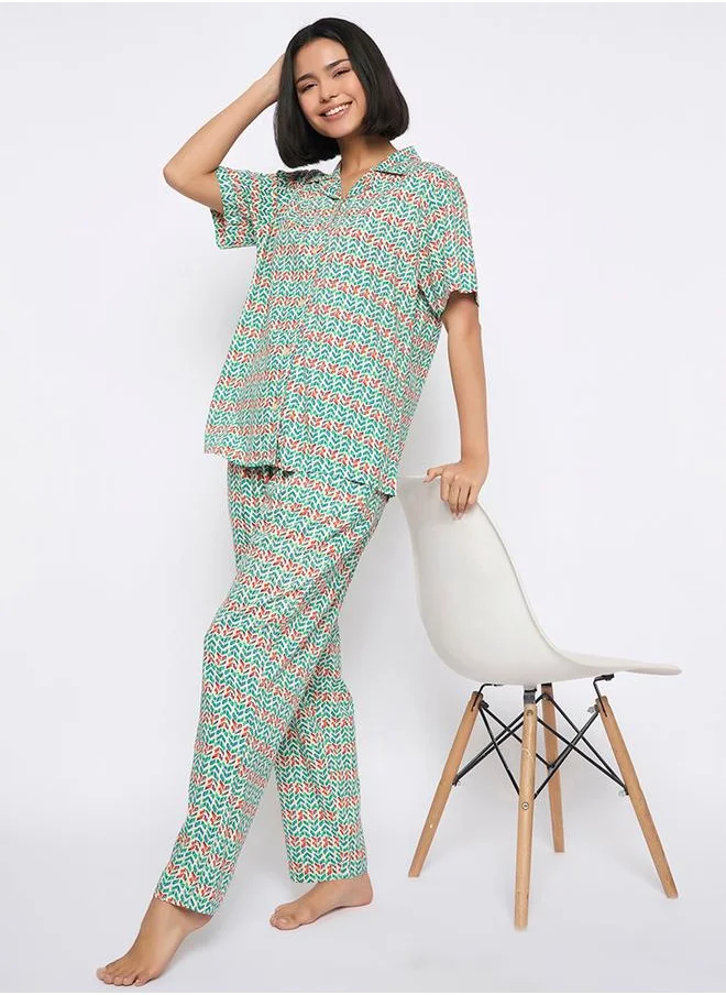 Clovia Clovia All-Over Print Button Down Shirt and Pyjama Set