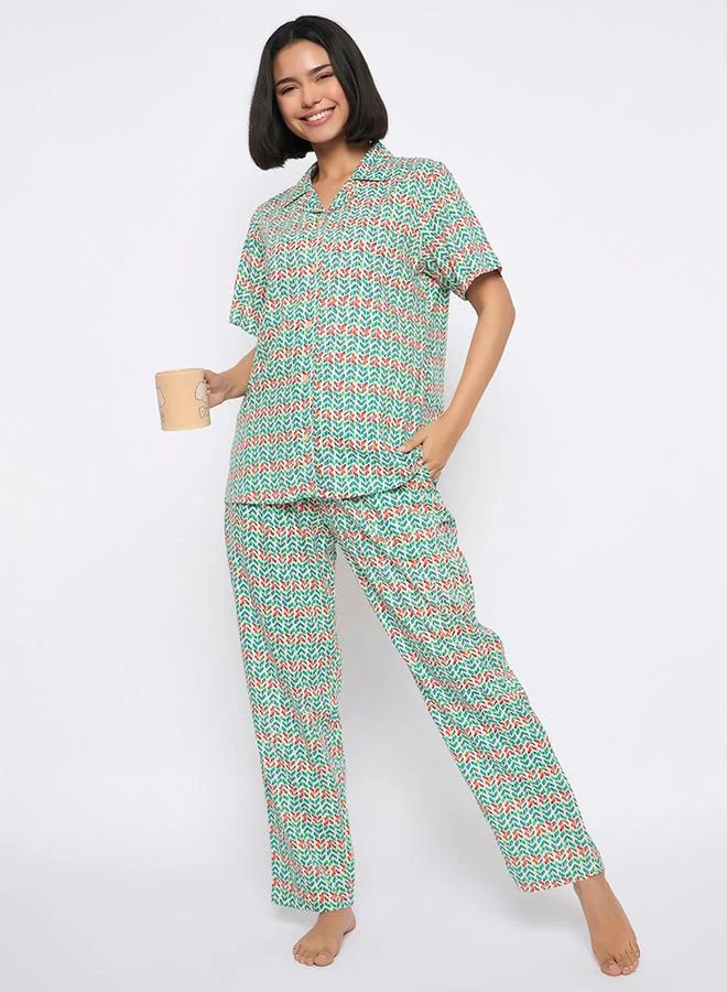 Clovia Clovia All-Over Print Button Down Shirt and Pyjama Set