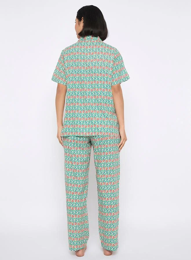 Clovia Clovia All-Over Print Button Down Shirt and Pyjama Set