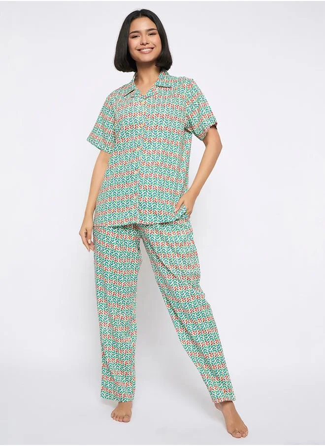 Clovia Clovia All-Over Print Button Down Shirt and Pyjama Set