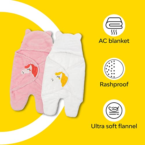 MY NEWBORN by 10 CLUB 3-in-1 Unicorn Hooded Baby Blanket Wrapper with Velcro lock - Set of 2 (White & Pink) | All Season Soft Swaddle for New Born Baby | Soft Skin Friendly Baby Wrapper | Baby Blankets Newborn 0-24 Months | Baby Shower Gift - Image 4