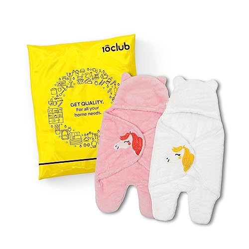 MY NEWBORN by 10 CLUB 3-in-1 Unicorn Hooded Baby Blanket Wrapper with Velcro lock - Set of 2 (White & Pink) | All Season Soft Swaddle for New Born Baby | Soft Skin Friendly Baby Wrapper | Baby Blankets Newborn 0-24 Months | Baby Shower Gift - Image 1