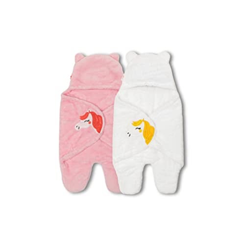 MY NEWBORN by 10 CLUB 3-in-1 Unicorn Hooded Baby Blanket Wrapper with Velcro lock - Set of 2 (White & Pink) | All Season Soft Swaddle for New Born Baby | Soft Skin Friendly Baby Wrapper | Baby Blankets Newborn 0-24 Months | Baby Shower Gift - Image 2