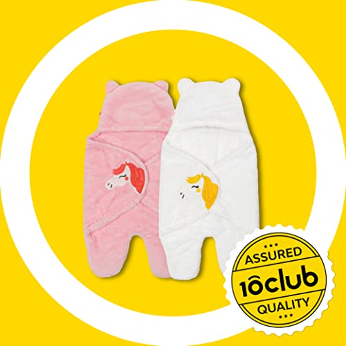 MY NEWBORN by 10 CLUB 3-in-1 Unicorn Hooded Baby Blanket Wrapper with Velcro lock - Set of 2 (White & Pink) | All Season Soft Swaddle for New Born Baby | Soft Skin Friendly Baby Wrapper | Baby Blankets Newborn 0-24 Months | Baby Shower Gift - Image 3