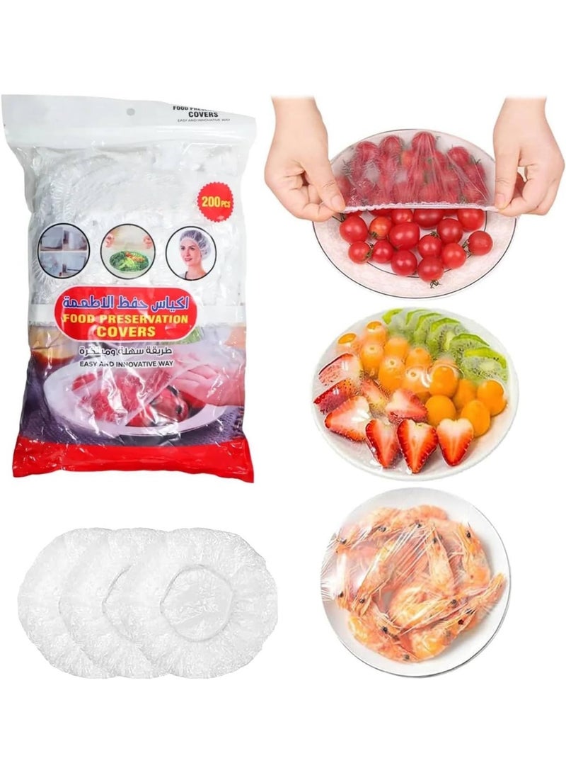 Meetion 200 Pieces Fresh Keeping Bags Elastic Food Storage covers Plate Bowl Covers Reusable Clear Stretch Plastic Covers for Bowls Drawstring Storage Bags for Family Outdoor Picnic Wrap Lid - Image 1