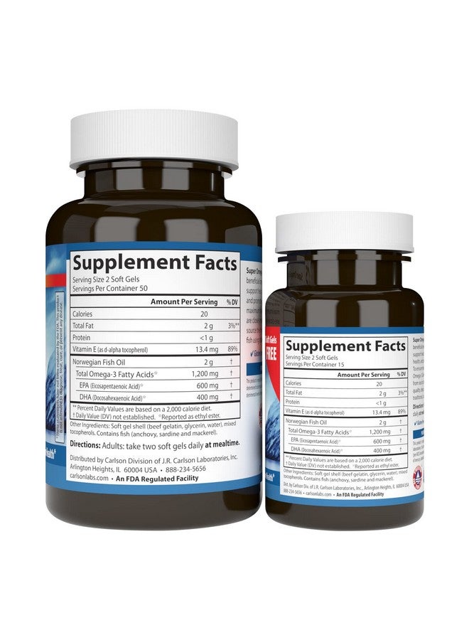 Carlson Super Omega3 Gems 1200 Mg Omega3 Fatty Acids With Epa And Dha Wildcaught Norwegian Fish Oil Omega 3 Supplement Sustainably Sourced Omega 3 Fish Oil 100+30 Softgels - Image 2