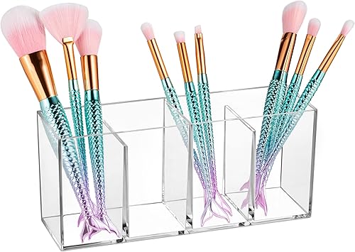 OWAYOTO Pen Holder Acrylic Clear Makeup Brushes Holder Pencil Organizer Cup Makeup Brushes Organiser Cup Makeup Container Storage Desk Accessories Holder 4 slots - Image 1