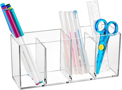 OWAYOTO Pen Holder Acrylic Clear Makeup Brushes Holder Pencil Organizer Cup Makeup Brushes Organiser Cup Makeup Container Storage Desk Accessories Holder 4 slots - Image 2