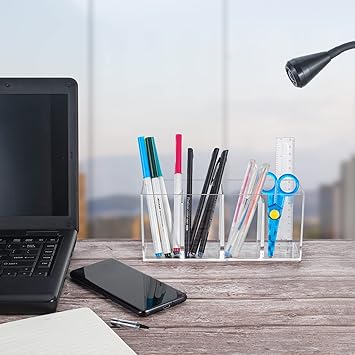 OWAYOTO Pen Holder Acrylic Clear Makeup Brushes Holder Pencil Organizer Cup Makeup Brushes Organiser Cup Makeup Container Storage Desk Accessories Holder 4 slots - Image 5