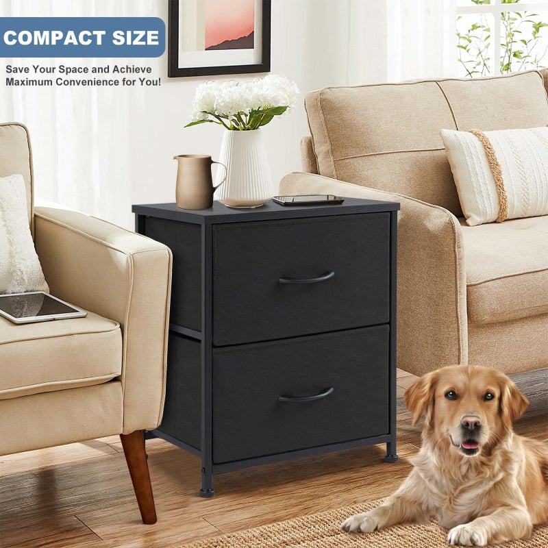 DUMOS Nightstand Small Dresser with 2 Fabric Drawers Side Tables Bedroom End Table Bedside Storage Furniture for 20 inch Tall Night Stand for Entryway, College Dorm, Classic Black - Image 2