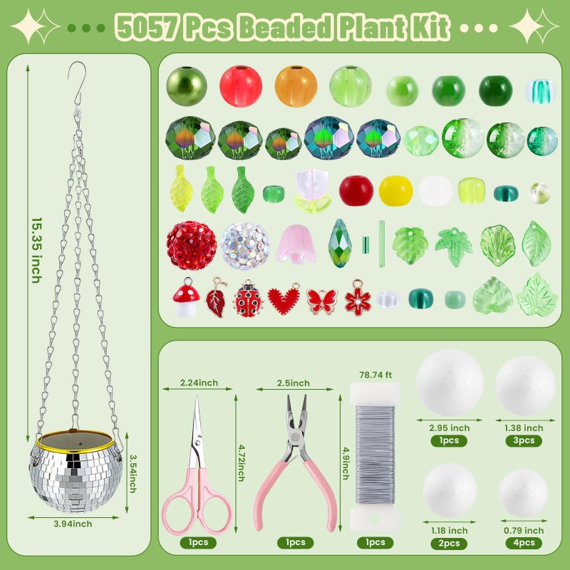 FOGWOWO 5057 Pcs Beaded Plant Kit Forever Plant Kit for Mirror Disco Ball Planter Making,Green Beads for Beaded Plants with Hanging Chain,Green Glass Leaf Beads Forever Plant Beads for Plant Making DIY Craft - Image 3