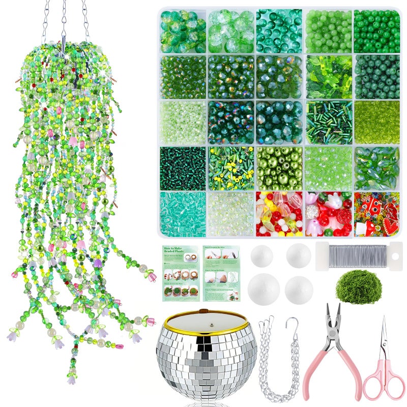 FOGWOWO 5057 Pcs Beaded Plant Kit Forever Plant Kit for Mirror Disco Ball Planter Making,Green Beads for Beaded Plants with Hanging Chain,Green Glass Leaf Beads Forever Plant Beads for Plant Making DIY Craft - Image 1