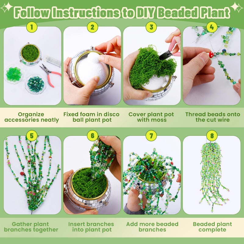 FOGWOWO 5057 Pcs Beaded Plant Kit Forever Plant Kit for Mirror Disco Ball Planter Making,Green Beads for Beaded Plants with Hanging Chain,Green Glass Leaf Beads Forever Plant Beads for Plant Making DIY Craft - Image 4